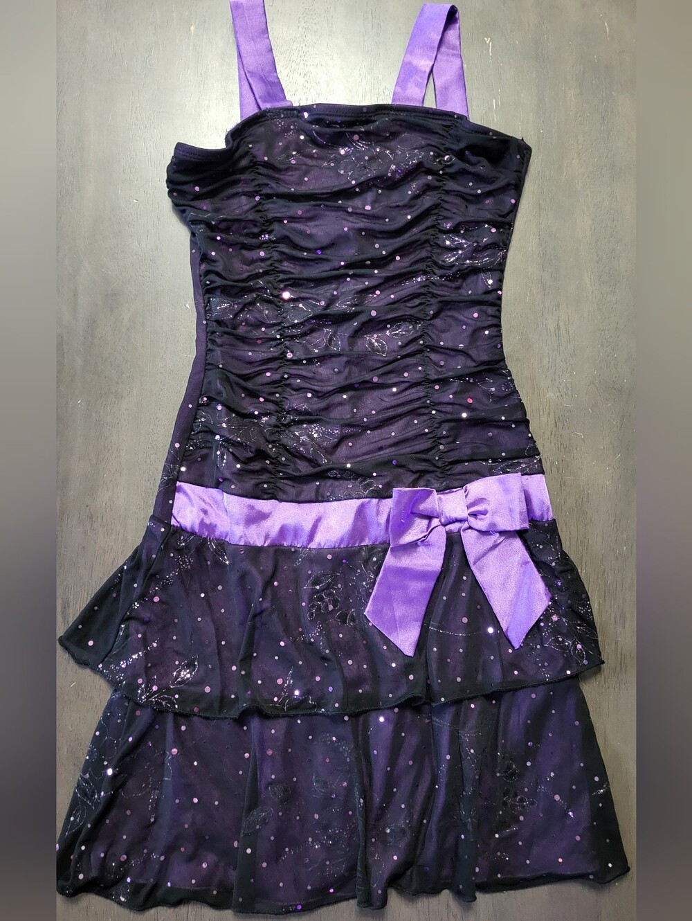 Purple and Black Ruched Dress with Bow